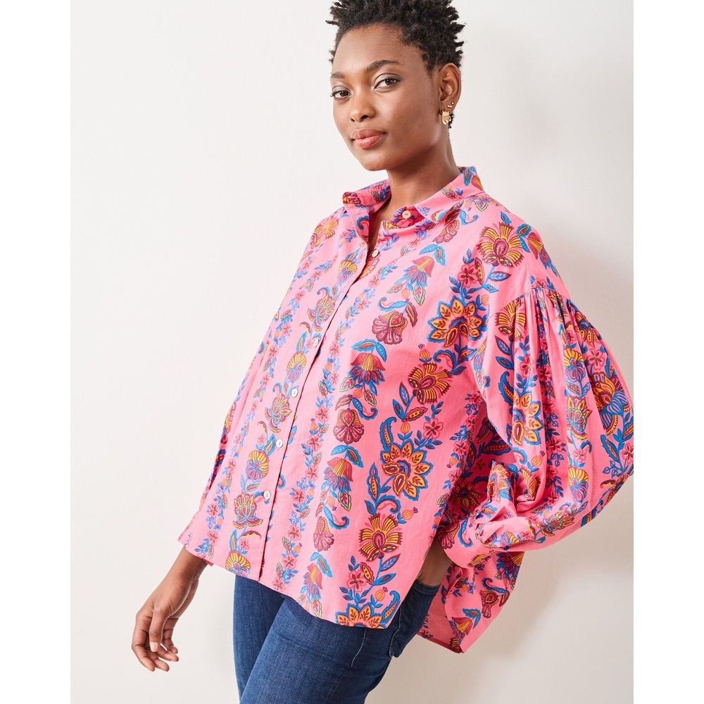Print Fresh Shelby Button Down Top in Folklore Flowers Sz XL Organic Cotton $188